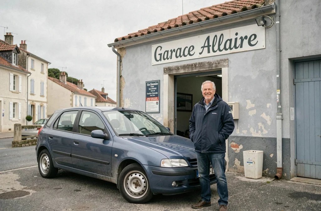 Propriétaire du Garage Allaire à Pornic devant un véhicule d'occasion avec l'architecture côtière en arrière-plan