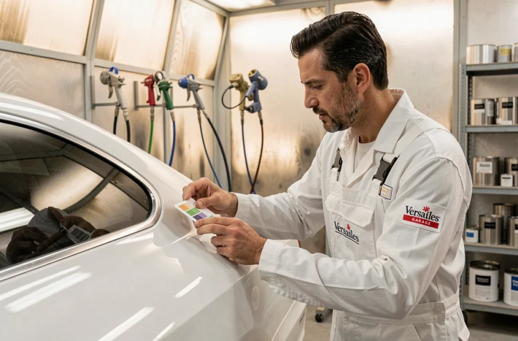 Carrossier spécialiste du Garage D'Anjou à Versailles effectuant un raccord de peinture sur une berline de luxe