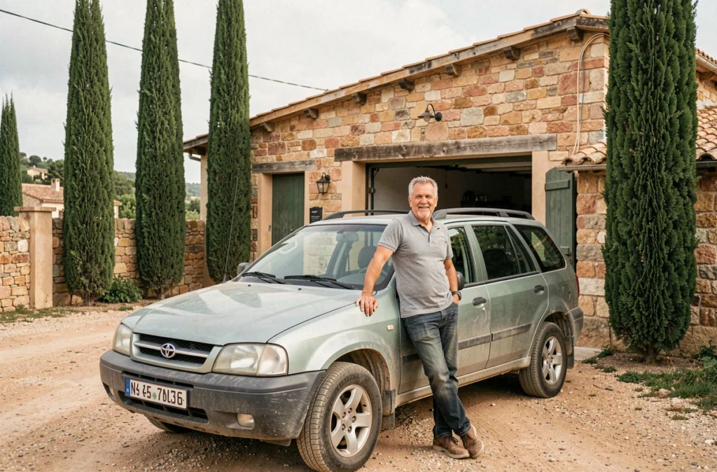 Propriétaire du Garage du Muy appuyé contre un SUV d'occasion devant son garage en pierre dans un village varois