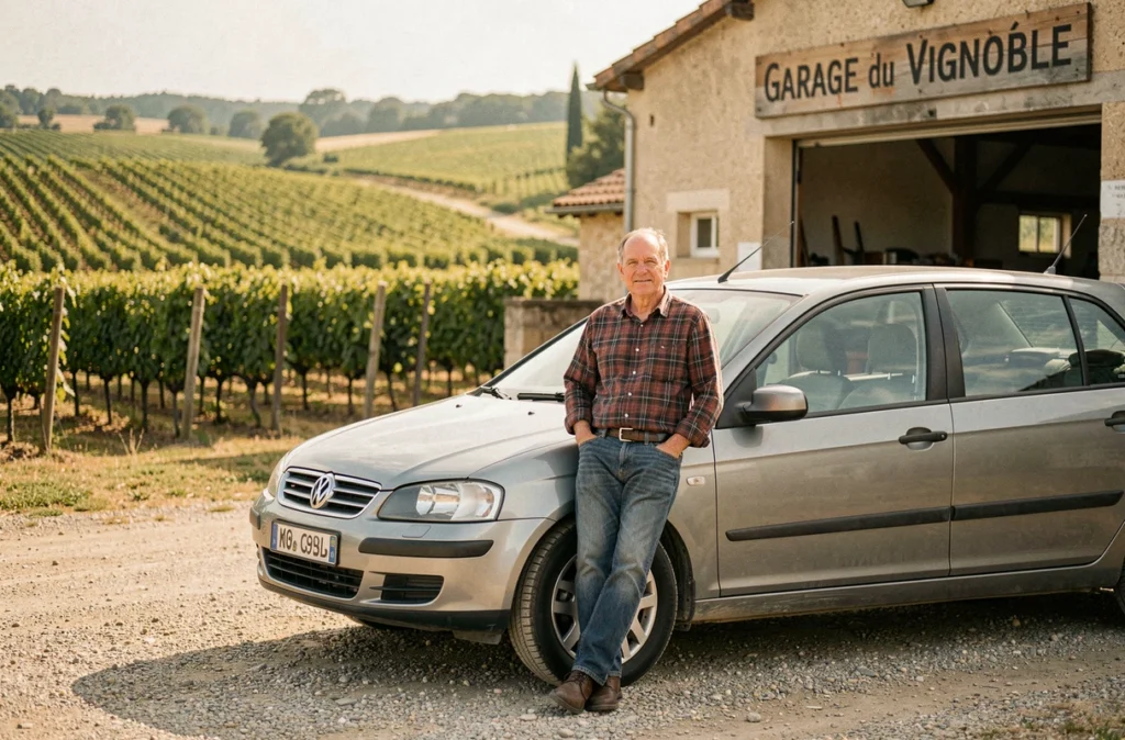 Vendeur du Garage du Vignoble à Vallet appuyé contre une voiture d'occasion avec des rangées de vignes en arrière-plan