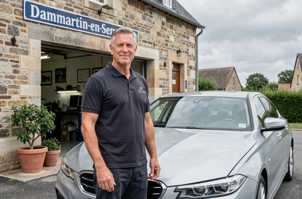 Propriétaire du Garage Fosse posant devant son établissement de carrosserie à Dammartin-en-Serve