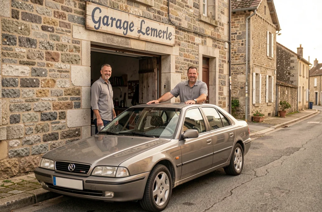 Vendeur du Garage Lemerle à Châteaubriant devant un véhicule d'occasion avec façade en pierre locale