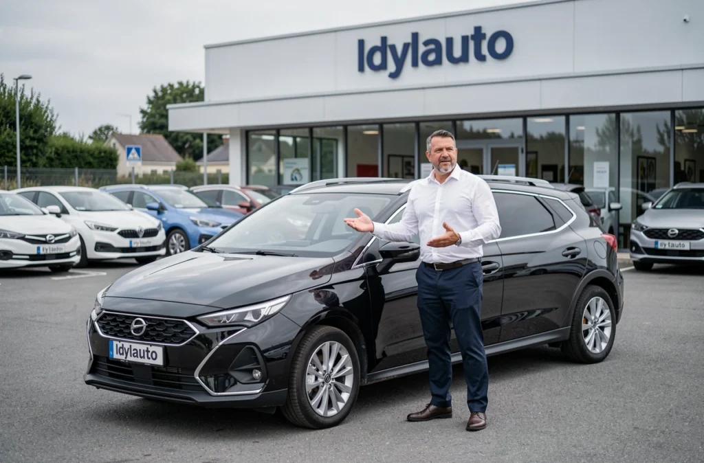 Conseiller commercial Idylauto présentant un SUV d'occasion devant la concession en Loire-Atlantique
