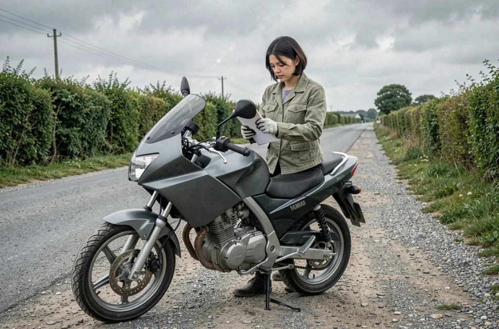 Femme motarde vérifiant le moteur de son Yamaha TZR 50cc au bord d'une route de campagne