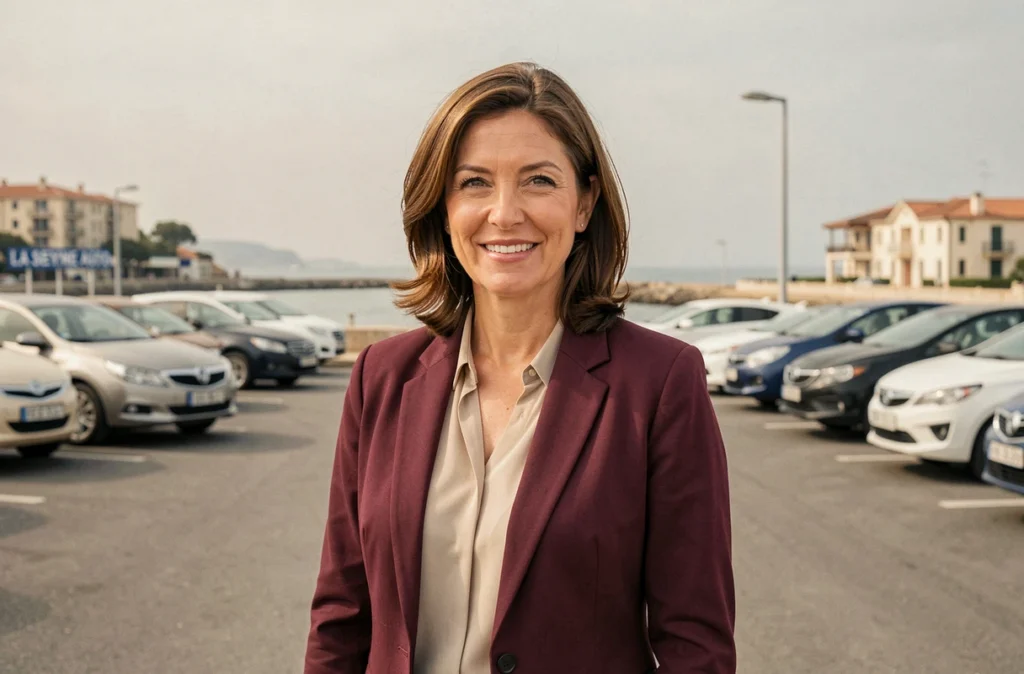 Conseillère de La Seyne Auto devant un parc de voitures d'occasion avec le paysage côtier de La Seyne-sur-Mer en fond