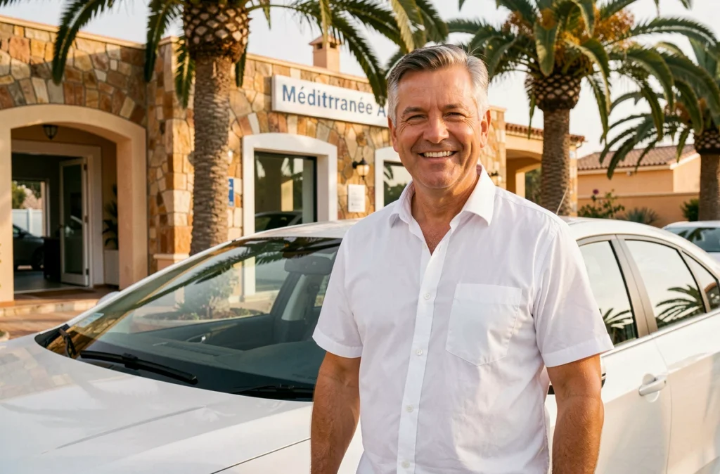 Vendeur de Méditerranée Auto aux côtés d'une berline familiale d'occasion avec façade méditerranéenne et palmiers en fond