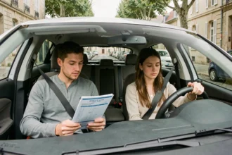Un moniteur d'auto-école et une élève conductrice dans une voiture à double commande sur une rue typique de la Marne