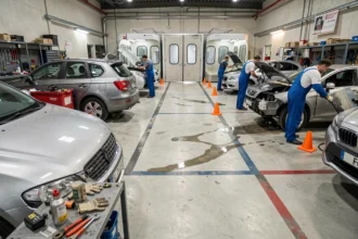 Vue générale d'un atelier de carrosserie automobile professionnel dans les Yvelines avec plusieurs véhicules en cours de réparation