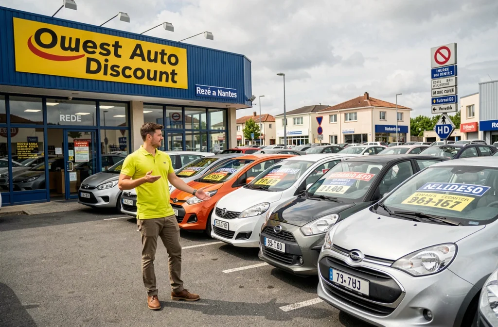 Jeune vendeur d'Ouest Auto Discount à Rezé présentant des voitures d'occasion abordables avec étiquettes de prix