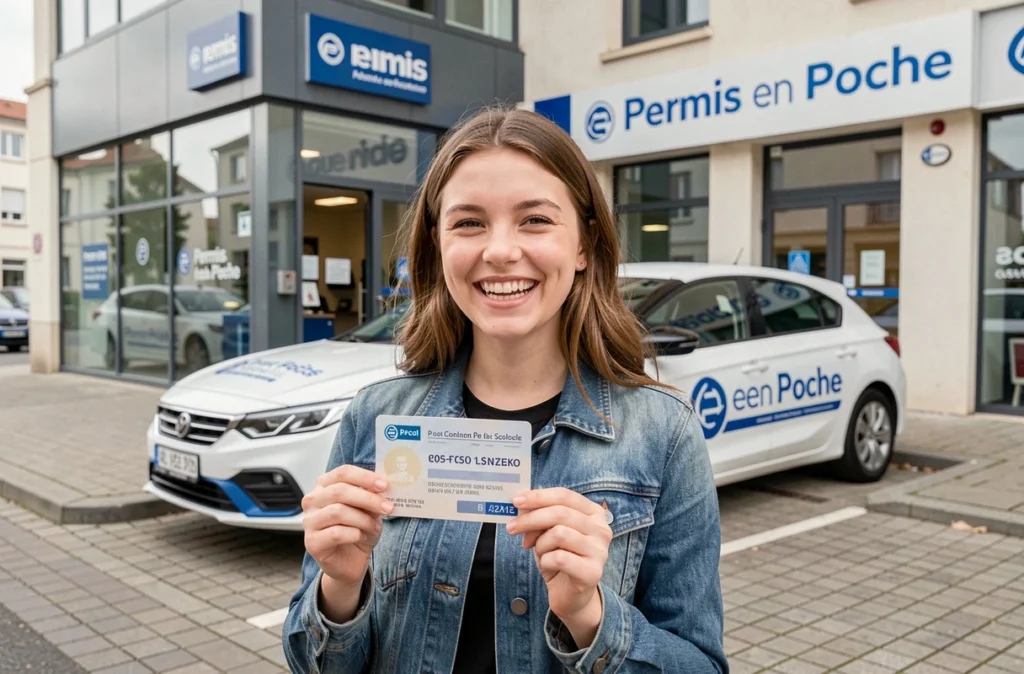 Une nouvelle conductrice brandissant son permis de conduire devant l'agence Permis en Poche à Reims