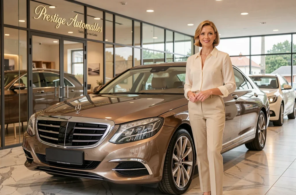 Conseillère de vente de Prestige Automobiles à Sainte-Luce-sur-Loire dans le showroom haut de gamme avec une berline de luxe