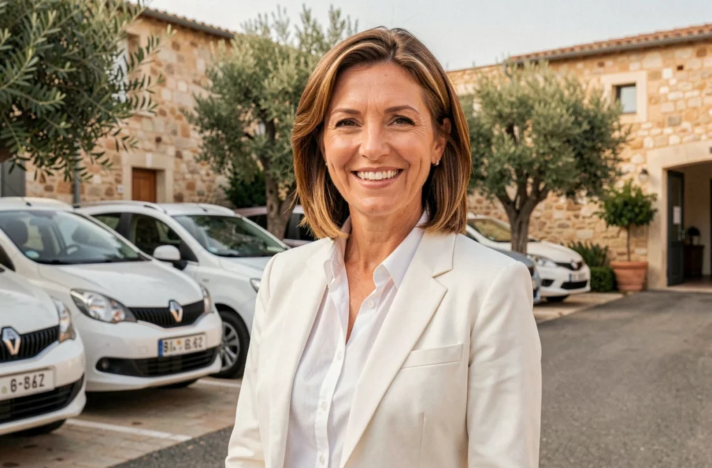 Conseillère commerciale de Provence Car devant des véhicules d'occasion exposés dans un cadre provençal typique