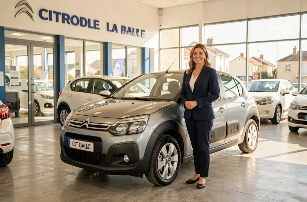 Conseillère commerciale de Sebauto Citroën La Baule dans le showroom avec une Citroën d'occasion