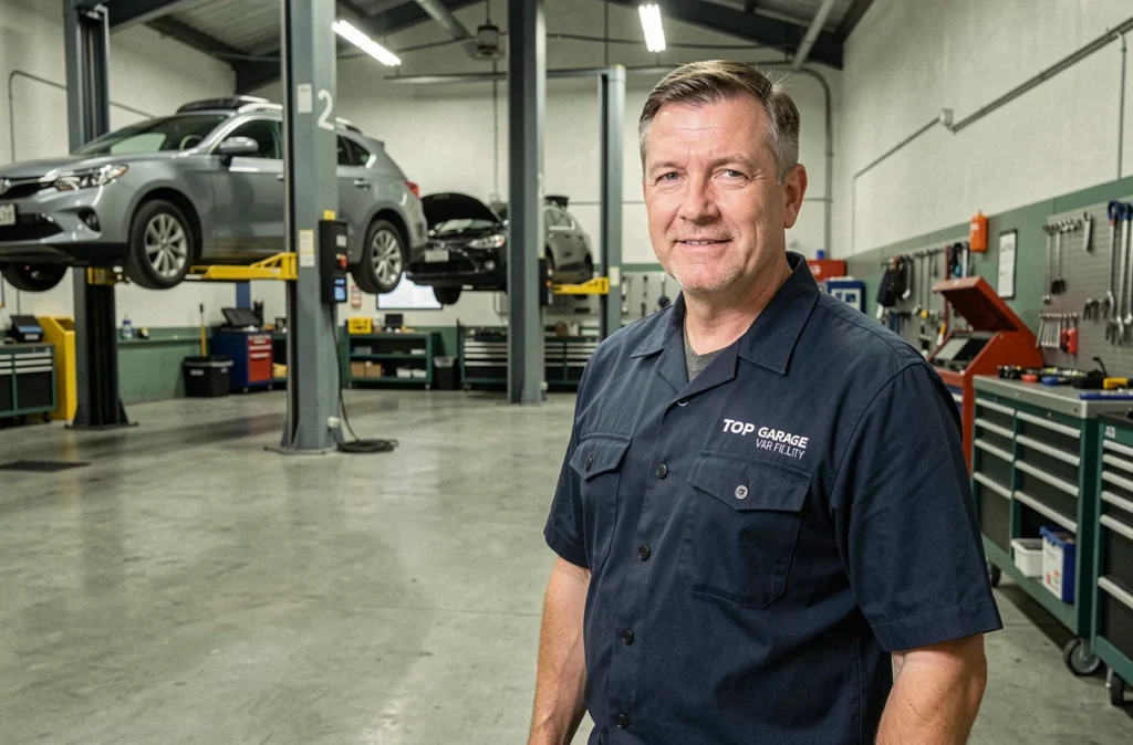 Technicien-vendeur de Top Garage Var devant l'atelier mécanique professionnel avec des voitures d'occasion en révision