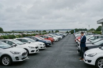 Vue panoramique d'un grand parking de concessionnaire de voitures d'occasion en Loire-Atlantique avec plusieurs véhicules alignés