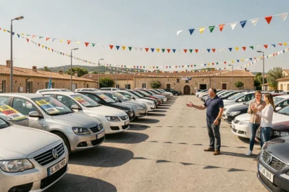 Vue panoramique d'un parking de concessionnaire de voitures d'occasion dans le Var avec plusieurs véhicules exposés sous un ciel provençal