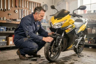 Mécanicien inspectant les freins d'un Yamaha TZR 50cc avant un long trajet dans un atelier