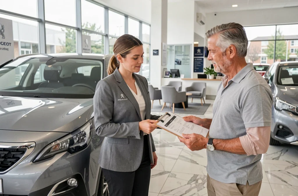 Conseillère de service Peugeot expliquant le programme de rappel et les options d'entretien à un client devant une Peugeot 3008 en concession