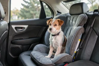 Petit chien installé dans un siège auto sur la banquette arrière