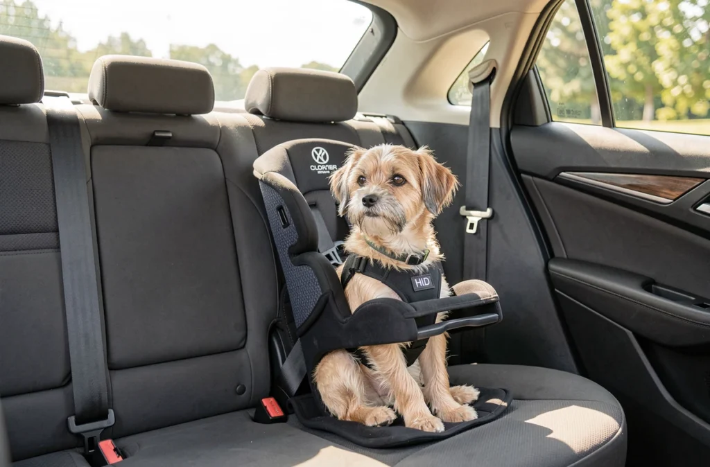 Siège rehausseur pour chien fixé à la ceinture de sécurité