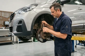 Technicien automobile professionnel inspectant une Peugeot 3008 sur un pont élévateur dans un atelier de concession moderne lors d'un rappel constructeur